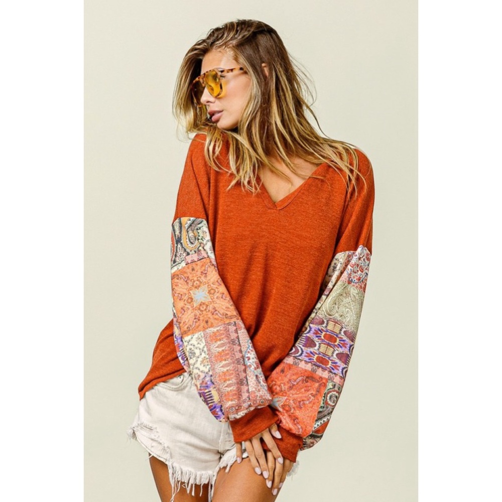 NEW! Bibi V Neck Rust Butter Soft Top w/Patchwork Sleeves! - Picture 9 of 10